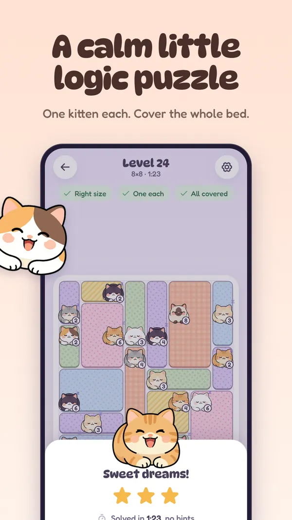 A calm little logic puzzle: one kitten each, cover the whole bed