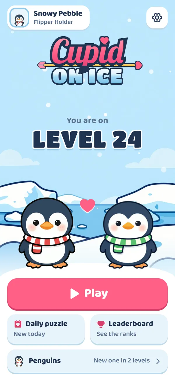 The Cupid on Ice home screen with two penguins on the ice
