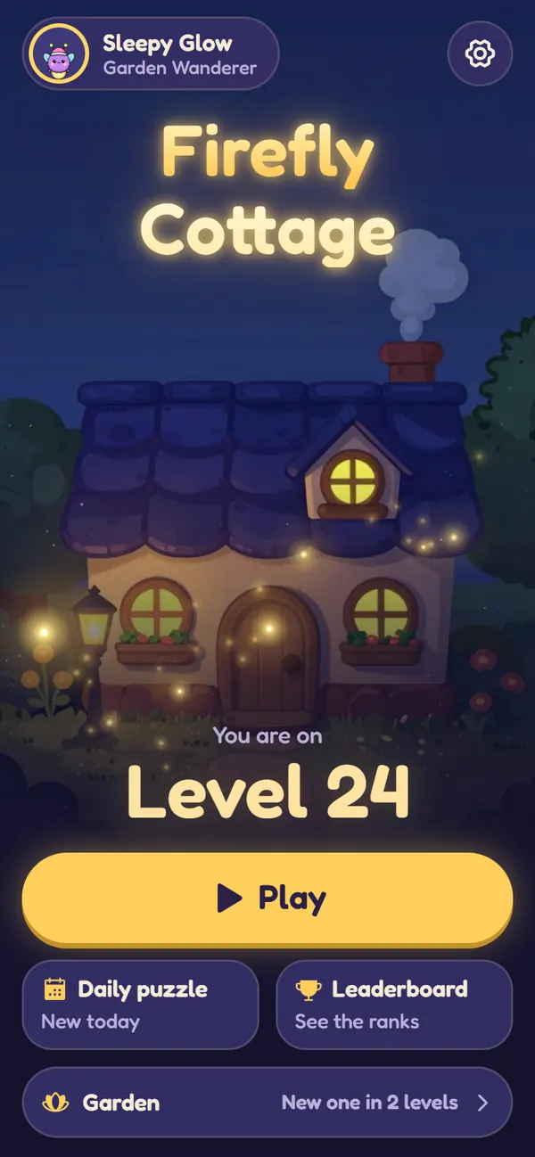 The Firefly Cottage home screen: a cottage at night with fireflies