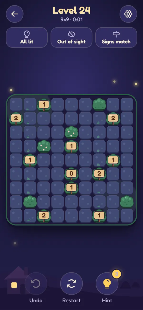 A puzzle in play: a dark garden with numbered signs