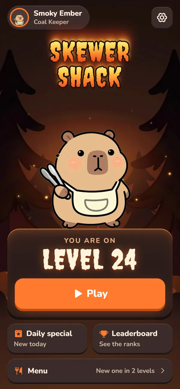 The Skewer Shack home screen with the capybara chef by the fire