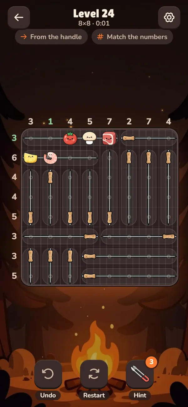 A puzzle in play: skewers on the grill with numbers round the edge